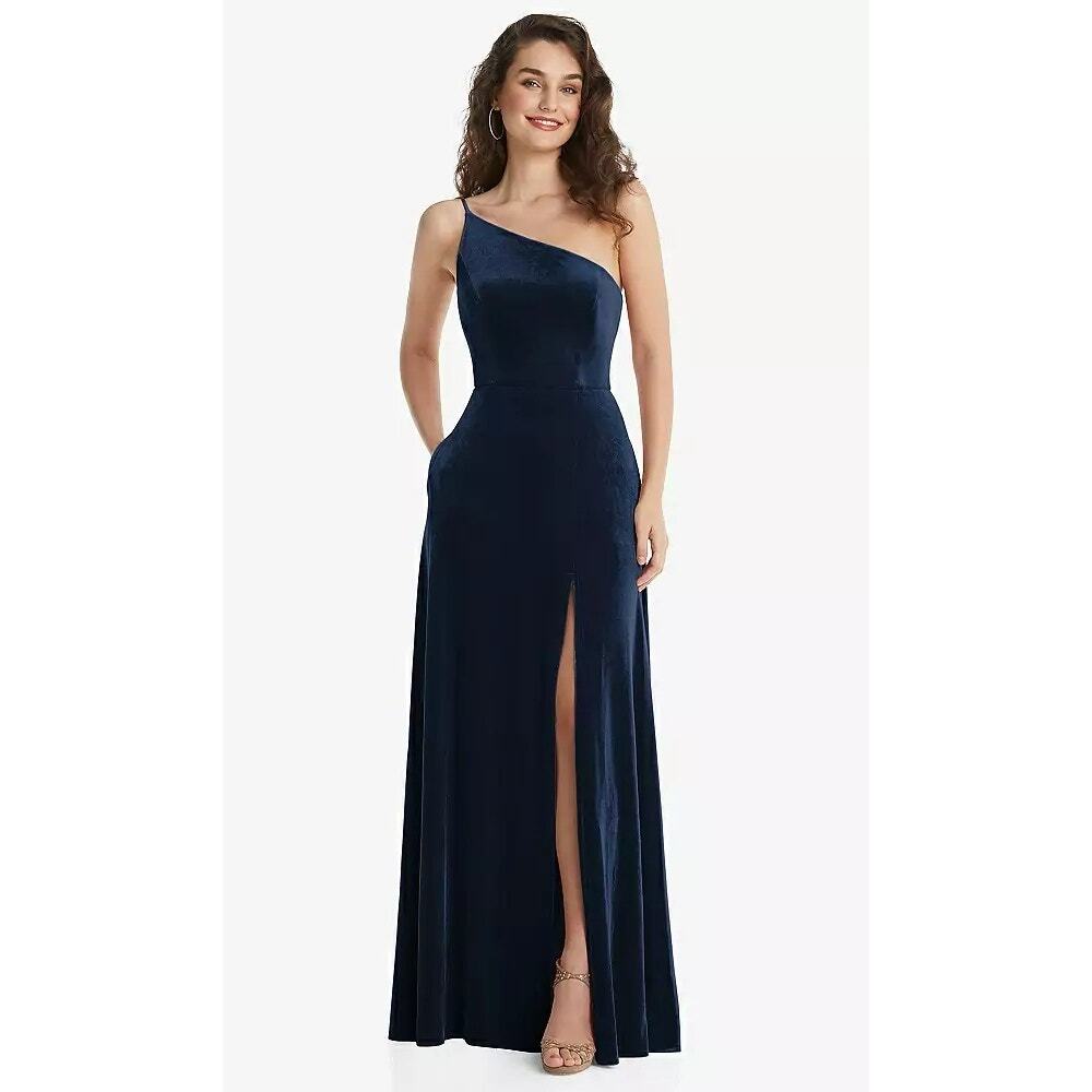 NWT After Six One Shoulder Spaghetti Strap Lux Velvet Maxi Dress Pockets 16 Blue
